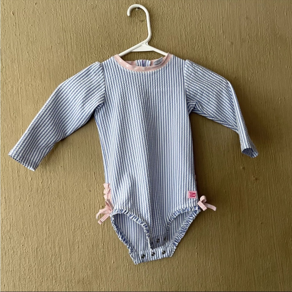 Ruffle Butts Baby Girls Periwinkle Blue Seersucker One Piece Rash Guard 2T
